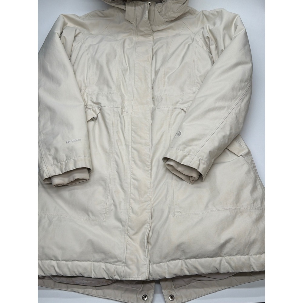 The North Face HyVent Women Parka Jacket Hooded Insulated Cream Beige Longline M - Picture 2 of 16